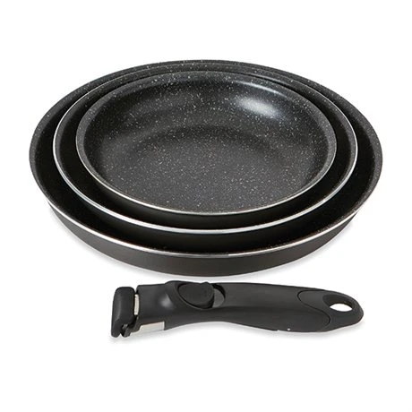 Set 3 Poêles Anti-adhésives Effet Pierre Et Manche Amovible 1 Set 3 Poêles Anti-adhésives Effet Pierre Et Manche Amovible