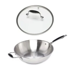 Lot Wok Tout Inox Et Couvercle Verre 30 Cm Excell'Inox
