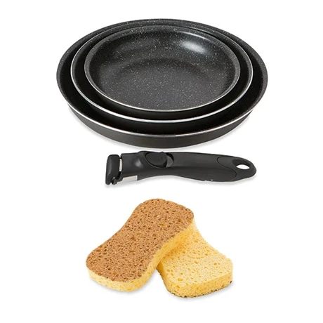 Batterie Poêles Anti-adhérentes Effet Pierre Manche Amovible Et 2 éponges Végétales 1 Batterie Poêles Anti-adhérentes Effet Pierre Manche Amovible Et 2 éponges Végétales
