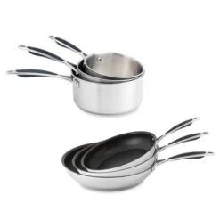 Batterie De Cuisine Excell'inox 3 Poêles Inox Revêtu Et 3 Casseroles Inox